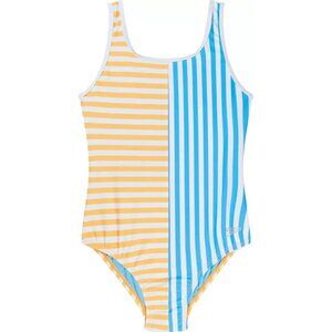 Speedo Girls' Stripe Blocked One Piece Swimsuit Mandarin Peel Scoop Neck Size 16